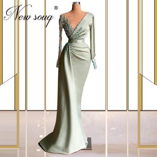 Arabic Green Beaded Prom Dresses Weddings 2021 Robes De Soiree Mermaid Illusion Evening Dress Dubai Women Party Celebrity Gowns