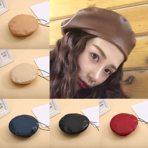 New Fashion Berets Womens Pu Leather Beret Solid Color Casual Autumn And Winter Warm Beanie Hats All-Match Adjustable Cap