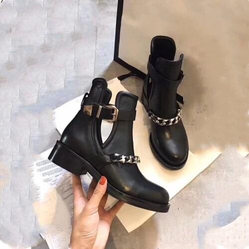 Fashion chain ankle boots womens tailored retro high heel ladies gladiator thick with womens shoes flocking buckle strap ankle