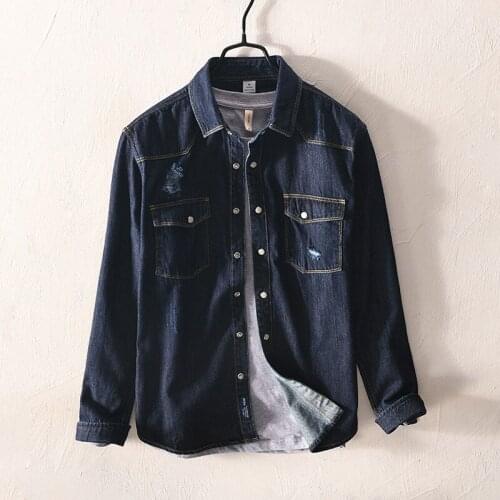 Brand New 2020 hole Denim Mens shirts Long Sleeve Shirt slim fit Mens Casual Shirts 100% Cotton high quality