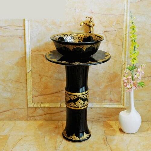 Black with gold pattern Pedestal Basin Type Euclidean Ceramic Pedestal WashbasinVertical Washing Basin Integral Basin