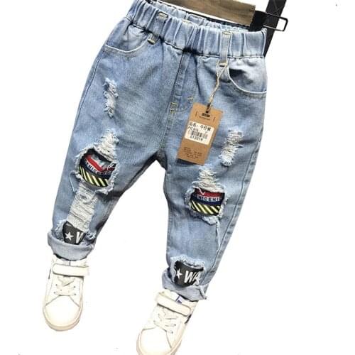 Children Jeans Pants Spring Autumn Fashion Style Toddler Clothing Kids Ripped Hole Trousres For Baby Boys Girls 2-8 Years Lm043
