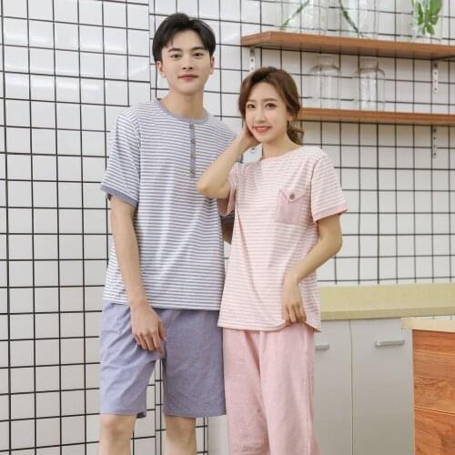 Fdfklak Summer New Men Pajamas Set Cotton Striped Short Sleeve Round Neck Couple Pajamas Set Loose Striped Lovers Pyjamas
