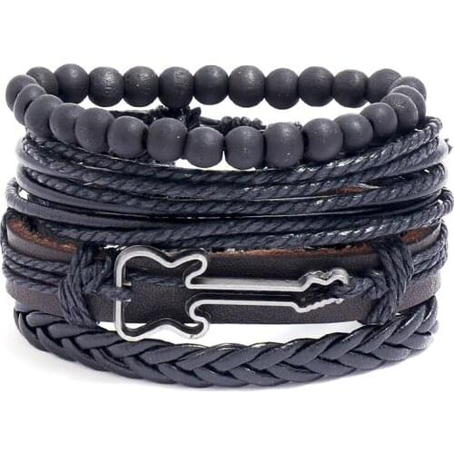 Jessingshow 4 Pcs/Set Punk Casual Woven Guitar Charm Wrap Men Leather Bracelets Women Homme Bangle Femme Male Wood Beads Jewelry