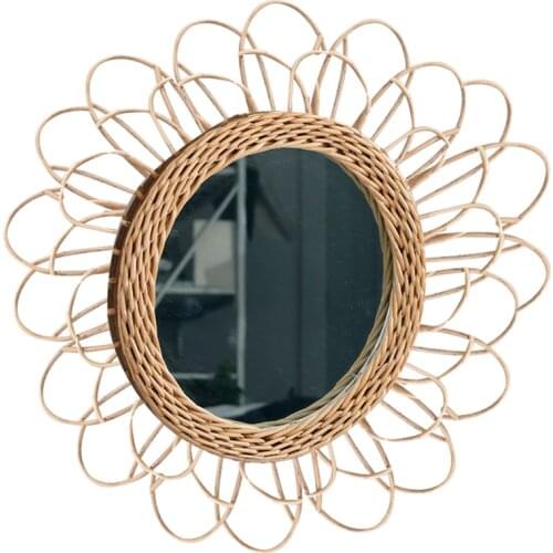Art Deco Compact Bathroom Wall Hanging Round Interior Living Room Gifts Clear Rattan Dressing Space Saving Mirror Home Portable