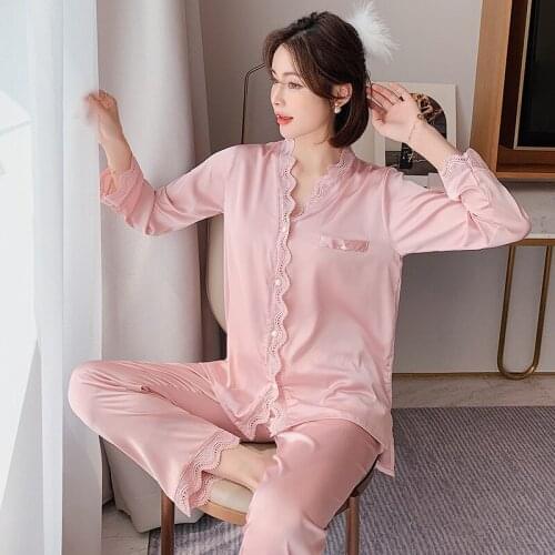 V-Neck 2PCS Sleep Set Nightwear Female Satin Pajamas Suit Intimate Lingerie Sexy Home Clothing Casual Lace Pyjamas Sleepwear