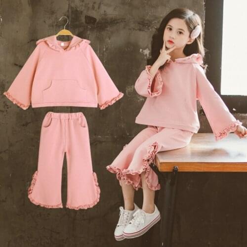 Girls Spring Autumn Clothing Sets Children Lace Hooded T-shirt Wide Leg Pants 2pcs Outfits Teenager Kids Fashion Tracksuits