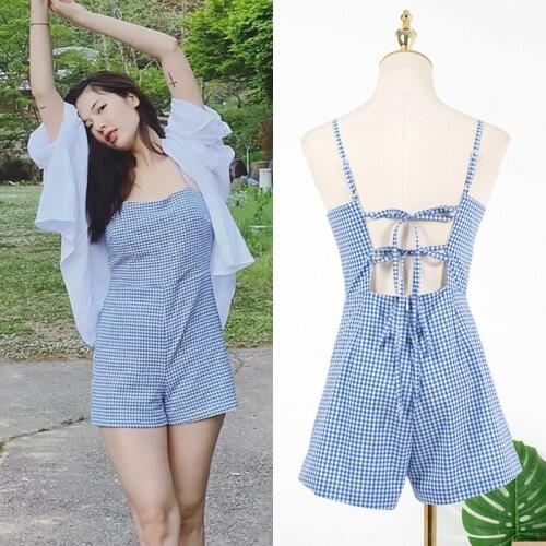 Kpop 4Minute Kim Hyun A summer sexy strapless plaid sling lace-up jumpsuit + white loose cardigan shirts tops women 2 piece set