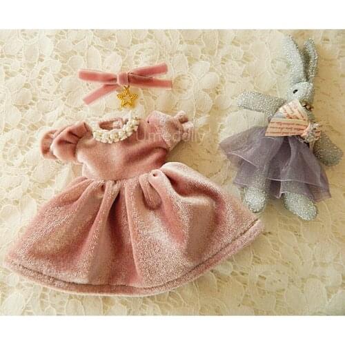 New 1 Set Pink Pleuche Dress + Headwear + Rabbit for Blyth, Licca, Azone 1/6 Doll Clothes Accessories