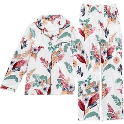 Autumn Pijama Red Leaf Lapel Knitted Pajamas Long Sleeves Trousers Pijamas Women Cotton 2 Piece Pyjamas Home Leisure Sleep Tops