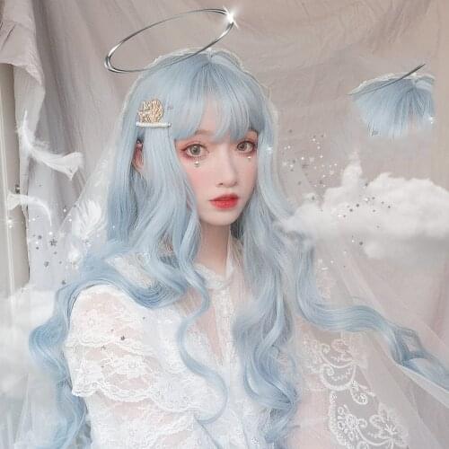 Lolita 70CM Long Curly Blue Ombre Heat Resistant Bangs Cute Party Synthetic Cosplay Wig