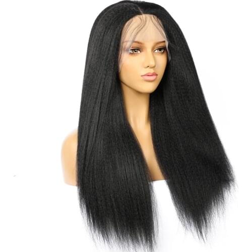 Jet Black Colored Yaki Straight Lace Front Wigs Synthetic For Black Women With Baby Hair Cosplay Wig bundles with closure