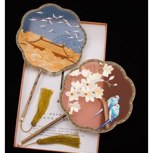 Personalized Fine Handwork Double Embroidery Round Fan Bamboo Handle Chinese Natural Silk Hand Fans Hanfu Costume Dancing Gifts