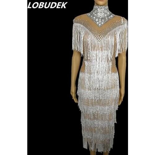 See-through Mesh Rhinestones White Tassels Dress Female Singer Host Party Celebration Sexy Stage Wear Nightclub Dance Costume