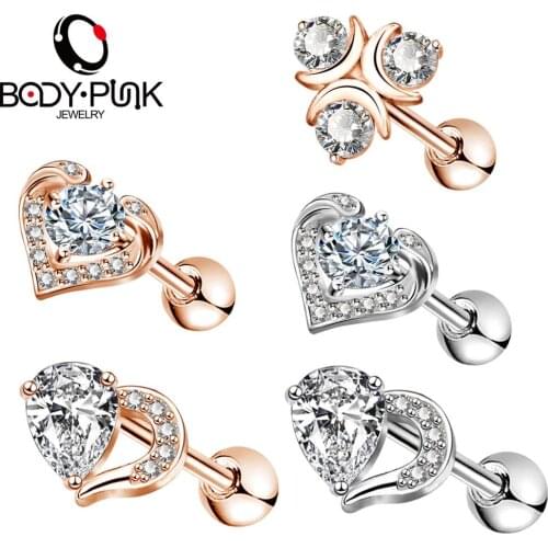 Body Punk Ear Cartilage Helix Earring Piercings High Quality 16G Surgical Steel CZ Daith Tragus Studs Piercing Rose Gold Women