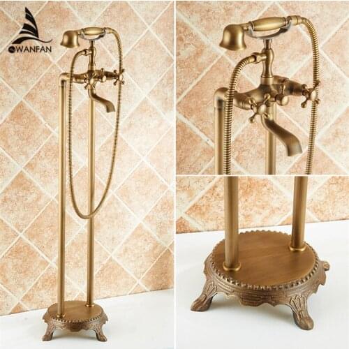Bathtub Faucet Solid Brass Luxury Floor Standing Bathroom Bathtub Faucet Antique Dual Handle with Handheld Shower Crane DG21-820