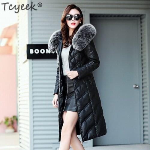 Tcyeek Women Genuine Sheepskin Leather Jacket Long Plus Size Winter Down Coat Female Fox Fur Hooded Thick Warm Overcoats LWL1057