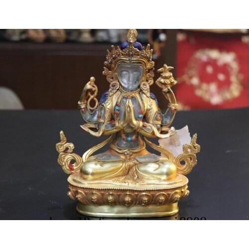 Tibet Copper Gild Inlay Crystal Gem Four Hands Arm Kwan-yin GuanYin Statue