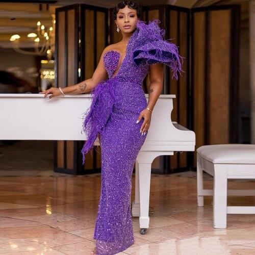 One Shoulder Evening Dresses Long Luxury 2021 Sequins with Feathers Purple African Sexy Women Formal Party Gown