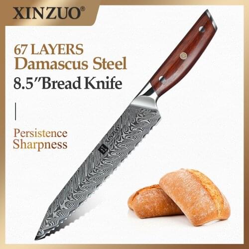 XINZUO 8.5'' Bread Knife High HRC Damascus Stainless Steel Blade New Designed Bread Cheese Cake Kitchen Knives Rosewood Handle