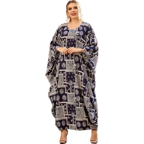Women Muslim Women Printed Long Dress Kaftan Arab Abaya Islamic Clothing Ramadan Turkish Oversized Maxi Robe Batwing Sleeve Gown
