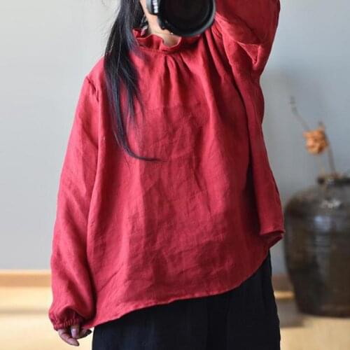 Johnature Vintage Blouse Women Clothes 2021 New Spring Shirt O-neck Full Sleeve All-match Solid Color Leisure Ladies Tops