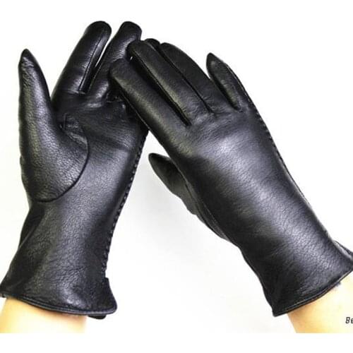 Deerskin gloves female fashion side lace style leather gloves velvet lining warm autumn and winter free shipping