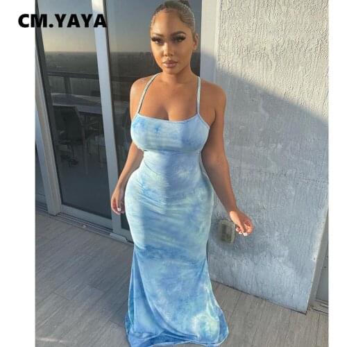 Lemon Gina Women Dress Print Sleeveless Spaghetti Strap Back Hollow Out Sheath Elastic Floor-length Dresses Summer Dress