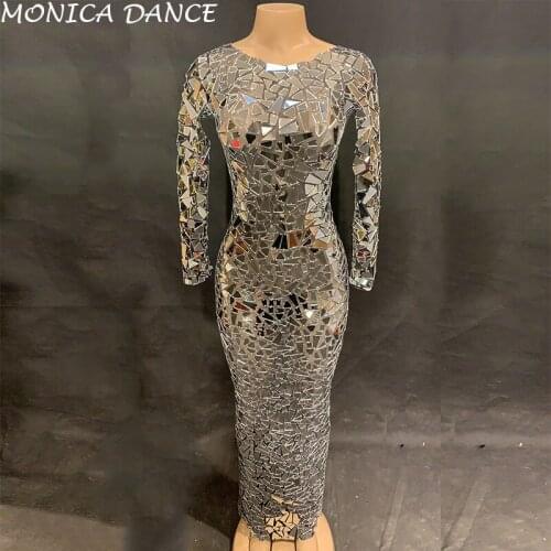 Women Sexy Black Mesh Perspective Sparkly Mirrors Dress Party Wear Dresses Birthday Celebrate Costume Performance Dance Dress