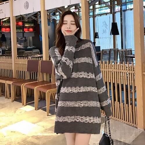 Womens Knit Dress Autumn Winter Black Stripes Long Sleeve Hollow High Street Fashion Outdoor Casual Party Y2k Midi Dresses 2021