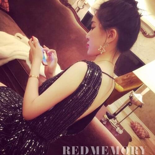 Korean Ladies Embroidery Beaded Casual Backless Elegant Sequin Vintage Club Sexy Party Blue White Black Summer Dress Women Dress