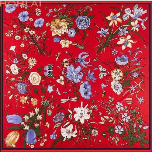 100% Twill Silk Scarf Women Flowers Print Square Scarves Large Bandana Luxury Kerchief Hijab Scarf Female Foulards 130CM*130CM
