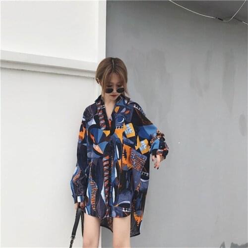 2020 New Fashion Summer Turn Down Collar Loose Print Long Sleeve Printed Long Shirt Womens Blouse Famle Sun protection clothing