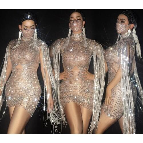 Shining Sequin Tassel Rhinestone Party Short Dress Women Birthday Prom Perspective Crystal Dress Club Bodycon Dress Stage Wear