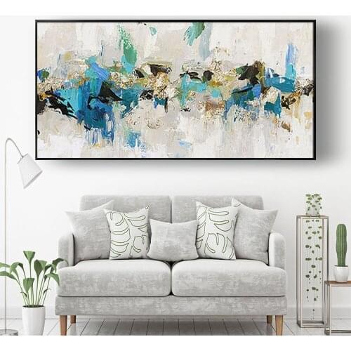 Large horizontal hand-painted oil painting abstract gold foil texture blue canvas painting modern home decoration painting aisle