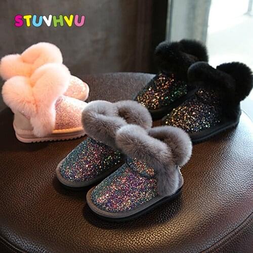 Fashion Sequins Childrens Snow Boots Girls Rabbit Fur Boots Baby Toddler Boots Winter New Plus Velvet Warm Kids Cotton Shoes