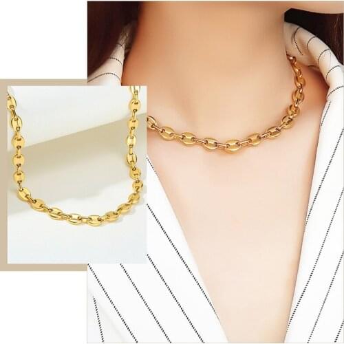 Fashion 8.5 MM Wide Stainless Steel Coffee Beans Link Chain Choker Necklaces for Women Collar Gifts Jewelry 15.35"
