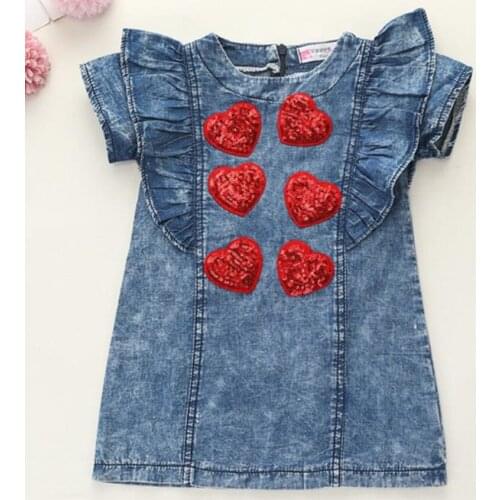 Baby girl summer cute love embroidered denim dress kids casual flying sleeve princess dress