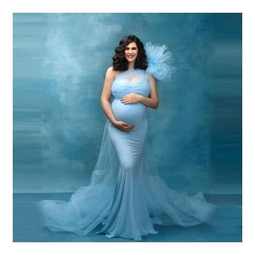 Elegant Ligh Sky Blue One Shoulder Mermaid Maternity Dresses For Photo Shoot Long Length Ruffles Custom Made Plus Size Stretch D