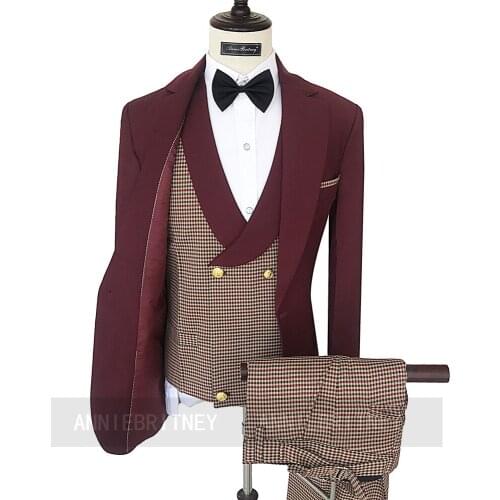Custom Made Best Man Groom Marriage Wedding Suit Burgundy Blazer Plaid Vest Pants 3 Pieces Formal Business Men Prom Party Tuxedo