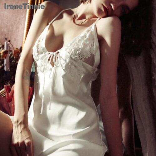 Irene Tinnie Sexy Night Dress Lace Nightgow Womens New Lingerie Backless Lace V-neck nightwear Silk Nightdress Homewear