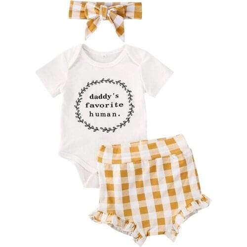 Newborn Baby Girls Daddy Favorite Human Romper Jumpsuit +Headband +Yellow white Plaid Shorts 3pcs Clothes