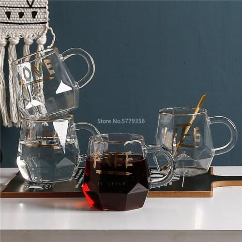 Creative Geometry Glass Mug Gold Plated Letter Handle Cup Coffee Milk Tea Wine Lemon Juice Cup Home Drinkware Couple Gifts 1PCS