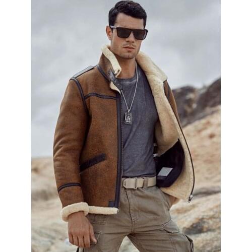 New Mens B1 Shearling Jacket Short Fur Coat Brown Leather Jacket Mens Winter Coats Fashion Motorcycle Jacket