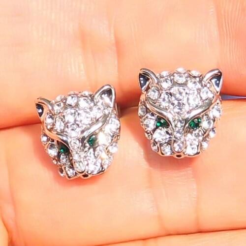 Lovely Silver Color Leopard Head Stud Earrings for Women Men Hip Hop Full Crystal Rhinestone Animal Party Earrings
