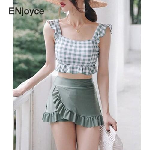 Ashion Green Plaid Ruffle Bikini 2021 Sexy Boho 2 Piece Set Swimsuit Women Swimwear High Waist Swimming Suit Beach Wear Summer