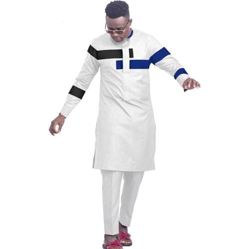 Mens Bazin African Clothing For Men 2021 Hippie Dashiki Splicing Design Retro Long Sleeve Loose Contracted Casual 2 Piece Set