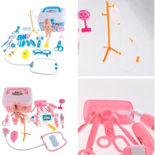 Kids Doctor Nurse Toys Set Pretend Play Medicine Carrying Case with Doll, Light Sound Doctor Toys Set Blue/Pink for Children