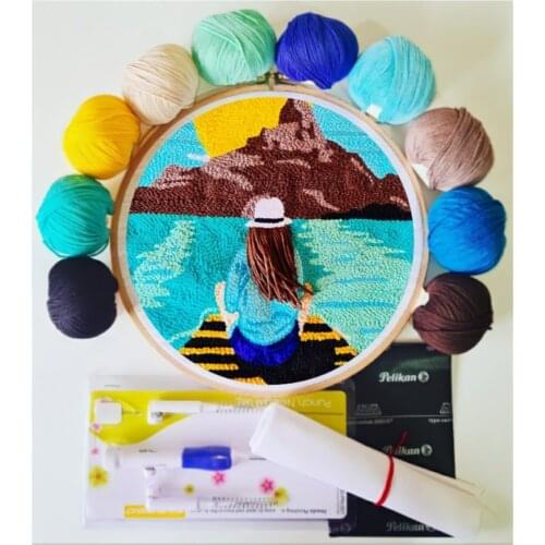 Embroidery Kit Punch Needle Patterns Craft Tool Pen Set Threads for Sewing DIY Threaders Kids Adults Beginners