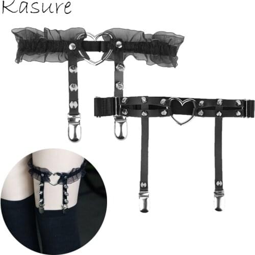 Kasure Newest Women sexy harajuku style Elasticity Heart Leg Chain Garter Belts Adjustable Cosplay Spike PU Punk Ring Garter